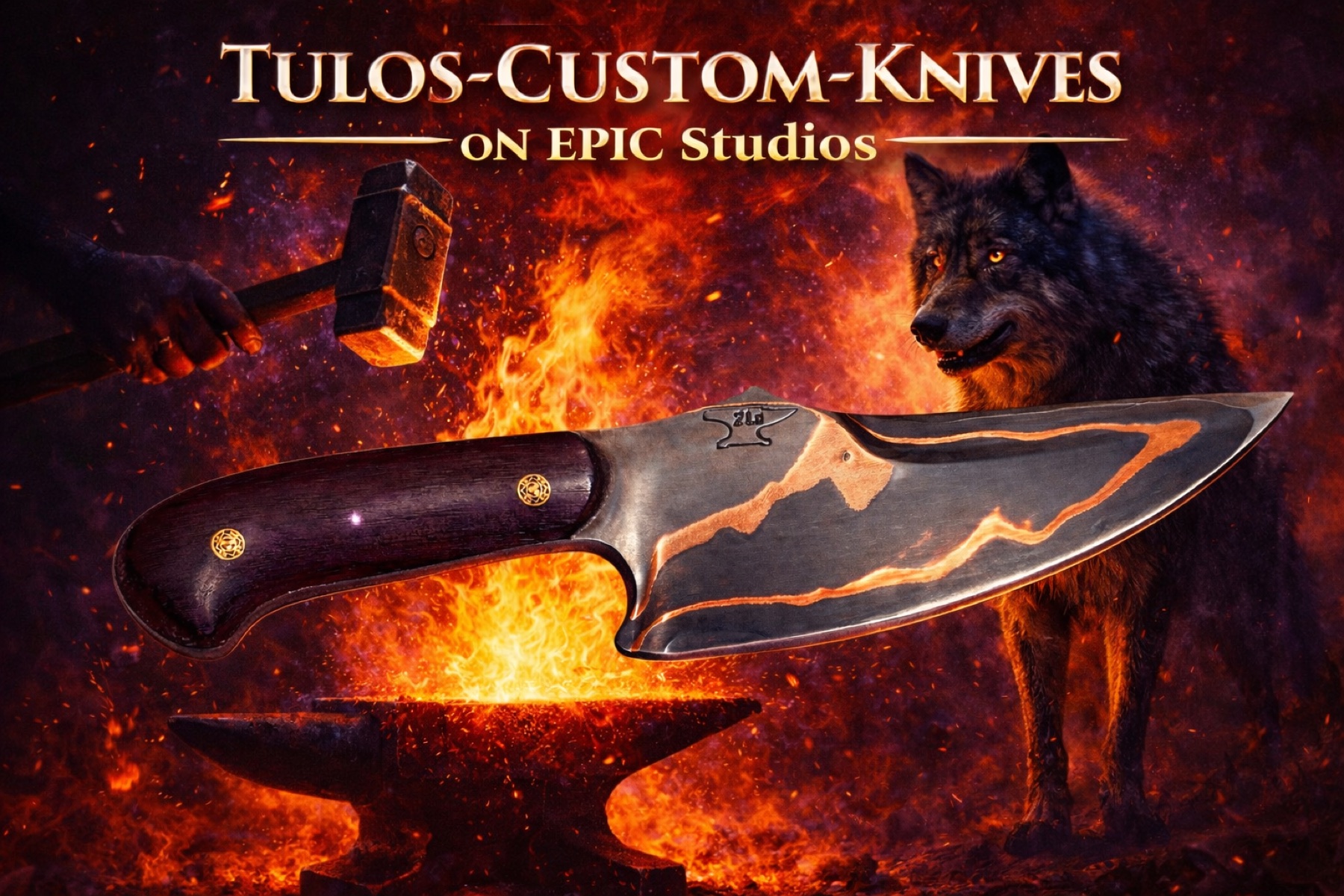 Tulos Custom Knives Epic Studios feature art with a copper-inlay knife, forge, and wolf