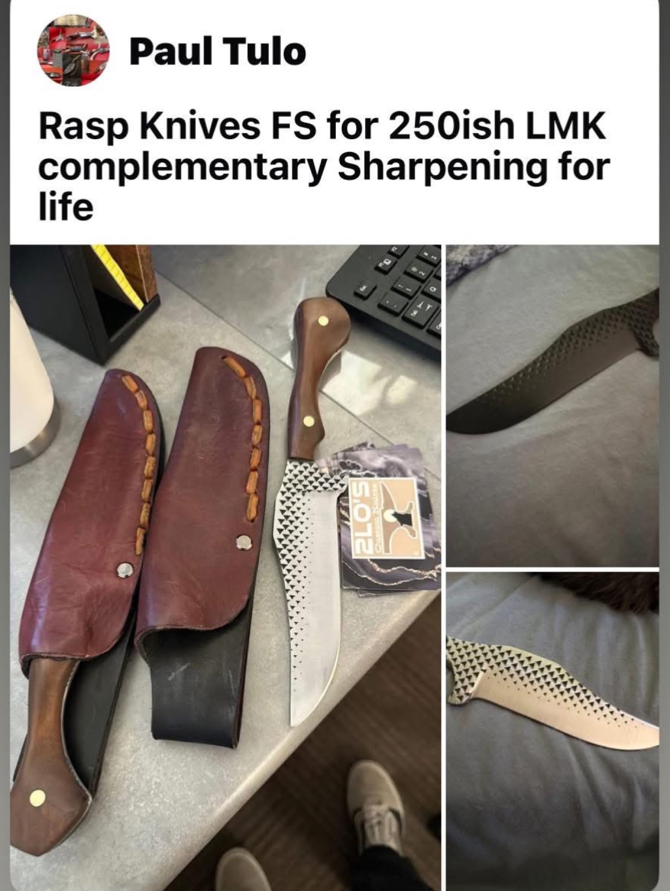 Tulos rasp knife sales post showing two knives, leather sheaths, and patterned blades